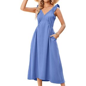 Arach&Cloz Womens 2023 Summer Boho Dress V Neck Sleeveless Ruffled Beach Sundreses with Pockets