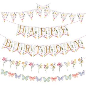 Flower Birthday Decorations,Floral Birthday Banners,with Happy Birthday Banner for Flower Bouquet,Birthday Party Decorations for Girls Women