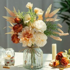 LESING Dahlia Aritificial Flower with Vase Fake Silk Flowers in Glass Vase Faux Rose Flowers Arrangement for Home Office Table Centerpiece Decoration (Blue)