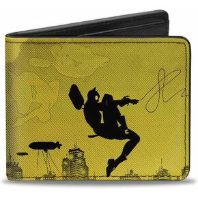 Buckle-Down Men's DC Comics Wallet, Bifold, Batman Catwoman Skyline Chase Silhouettes Yellows Black, Vegan Leather, 4.0" x 3.5"