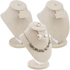 MOOCA 3 Pcs Set Tan Linen Combination Display Jewelry Stand Bust for Necklaces, Earrings, Rings, Jewelry Display For Vendors
