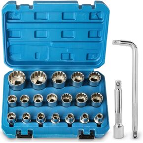 Spline Socket Set 12 Point Socket Set 1/2" Drive, Metric Socket Set 8-32mm, Cr-V Spline Socket Set with Socket Extension and L Socket Wrench, 21PCS