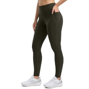 Seamaid Women's Fleece Lined Leggings 27" Water Resistant Thermal Winter Running Hiking Pants with Pockets High Waisted Army Green M