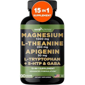 Magnesium Glycinate Complex 1000mg with L-Theanine 200mg Apigenin 50mg Citrate Malate Taurate Supplement + Ashwagandha Chamomile 5-HTP, Passion Flower Lemon Balm B6, Phosphatidyl Serine, Made in USA.