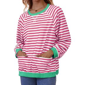Womens Long Sleeve Oversized Sweatshirt Striped Crewneck Casual Loose Pullover Tops with Pockets
