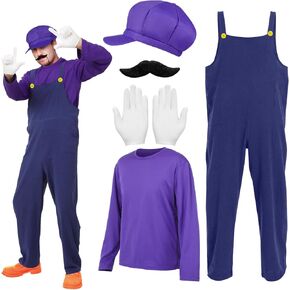 7 Pcs Bad Plumber Costume Overall Purple Shirt Hat Mustache Gloves Button for 80s Video Game Cosplay Halloween