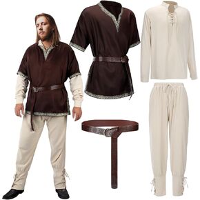 4 قطعة زي عصر النهضة للرجال للهالوين زي فارس القرون الوسطى قميص علوي سروال برباط الكاحل PU مجموعة حزام الفايكنج in Kuwait