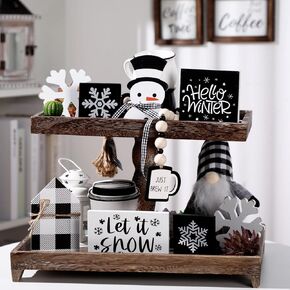 Sawysine 8 Pieces Christmas Winter Tiered Tray Decor, Let It Snow Sign Decor Farmhouse Snowflake Wooden Signs for Holiday Shelf Kitchen Coffee Bar(Black, White)