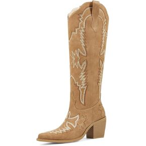 wetkiss Cowboy Boots for Women Embroidered Knee High Cowgirl Boots Womens Retro Western Boots Pull on Tall Boots with Chunky Heel Pointed Toe