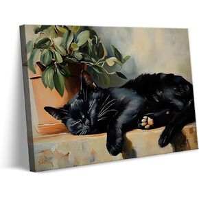Sleeping Cat Canvas Wall Art Cute Black Cat Plant Wall Decor Pictures Rustic Botanical Aesthetic Poster Prints for Bedroom Living room Decoration 12x16in