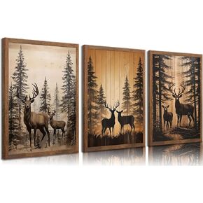 3Pcs Forest Elk Canvas Wall Art Woodland Animal Poster Print Country Farmhouse Wall Decor Picture for Living Room Bedroom Farmhouse Ranch Home Decor Unframed