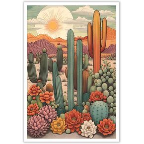 Southwestern Desert Wall Art, Saguaro Cactus Poster Canvas, Arizona Succulent with Flower Painting, Colorful Plant Landscape Picture Print for Men's Bedroom Living Room Decor 16x24 Inch Unframed