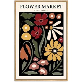 Gufro Framed Red & Yellow Flower Market Canvas Wall Art,Flower Wall Art, Flower Poster Vintage for Living Room Bedroom office Decoration-12''x16''Natural Framed