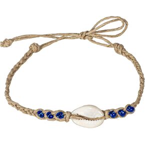 Braided Hemp Anklet Bracelet with Cowrie Shell and Blue Glass Beads