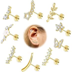 16G 9Pcs 316L Stainless Steel Cartilage Stud Earrings Set for Women Flower Leaf Conch Earrings Opal CZ Flat Back Earrings Hypollergenic Butterfly Helix Stud Earrings