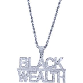 Hip Hop Iced Out Bling Letter Black-Wealth Pendant Necklace,14K Gold Plated Simulated Diamond Paved Necklace with Stainless Steel Rope Link Chain for Men Women