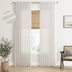 SMABU Natural Cream Linen Curtains 84 Inch Length 2 Panels for Living Room Back Tab Hook Belt Semi Sheer Light Filtering Curtains Neutral Modern Farmhouse Boho Cotton Blend Privacy Bedroom Drapes