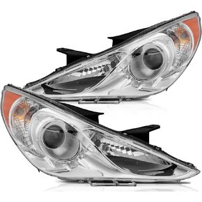 Headlight Assembly with Project for Hyundai Sonata 2011-2014 Chrome Housing Amber Reflector Clear Lens Driver and Passenger Side Headlamp