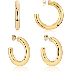 2 Pairs Chunky Gold Hoop Earrings, Trendy & Lightweight Small Gold Hoop Earrings, Hypoallergenic 14K Gold Hoop Earrings, High Polished Thick Gold Hoop Earrings for Women