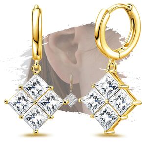 Gold Hoop Earring with Dangle Square - Sterling Silver Hoop Earrings for Women Trendy Hypoallergenic Loop Earrings with Dangling Charm for Sensitive Ears Cubic Zirconia Fashion Earrings Christmas Gift