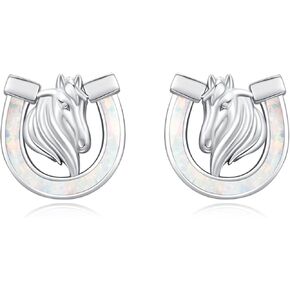 TRISHULA Horse Earrings 925 Sterling Silver Horseshoe with Opal Stud Earrings Horse Head Earrings Animal Earrings Horse Jewelry Gifts for Women Men