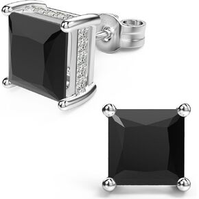 18K White Gold Plated Sterling Silver Princess Cut Cubic Zirconia Stud Earrings Square CZ Diamond Stud Earrings for Women Men Hypoallergenic (Black 8MM)