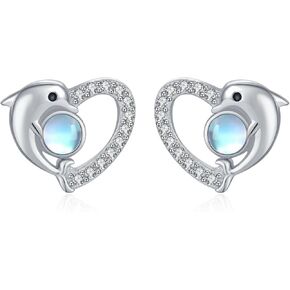 Dolphin Earrings S925 Sterling Silver Hypoallergenic Moonstone Heart Cute Animal Studs Ocean Jewelry Gifts for Women Birthday Valentines Day