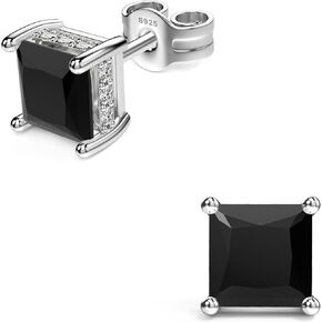 18K White Gold Plated Sterling Silver Princess Cut Cubic Zirconia Stud Earrings Square CZ Diamond Stud Earrings for Women Men Hypoallergenici (Black 5MM)
