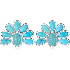 Genuine Turquoise Stud Earrings 925 Sterling Silver Real Turquoise Squash Blossom Earring Bohemian Tribes Jewelry Gift for Women