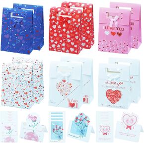 ohhnac 12 Pieces Valentine's Day Gift Bags + 12 Greeting Cards,Cute Valentines Gift Bags for Kids Classroom Gift Exchange Valentine's DayParty Favor Gift Wrapping