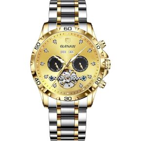 Automatic Watches for Men, Rhinestone Stainless Steel Strap Tourbillon Skeleton Automatic Winding Mechanical Watch Day Date Month Year Men's Watch Gift
