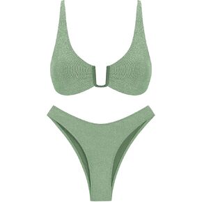 ZAFUL Women's Two Piece Swimsuit Textured U-Wired Metal Criss Cross String Bikini High Leg Bathing Suits
