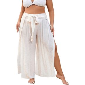 Women's Plus Cover Up Beach Pants Belted Tie Front Split Thigh Bathing Suit Beach Cover Up Pants