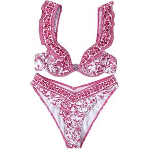 SHENHE Women's Cute 2 Piece Bikini Sets Floral Print Ruffle Triangle High Cut Swimsuit Bathing Suit