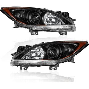 Headlights Assembly Replacement Compatible with 2010-2013 Mazda 3 Halogen with Clear Lens Chrome Housing Amber Reflector Front Lamps Driver and Passenger Side #MA2518130, MA2519130