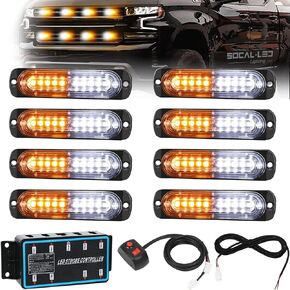 SOCAL-LED LIGHTING LED Grille Lights for Trucks 8Pcs 12smd Surface Mount Emergency Harzard Warning Strobe Light Kit 12-24V Super Bright Amber White LED 14 Flashing Pattern with Control Box