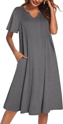 Ekouaer Nightgowns for Women Short Sleeve Sleepshirt Pleated Night Shirt V Neck Sleepdress House Dress with Pockets in Kuwait