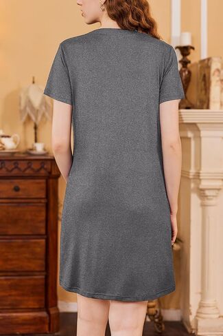 Ekouaer Nightgowns for Women Short Sleeve Sleepshirt Pleated Night Shirt V Neck Sleepdress House Dress with Pockets in Kuwait