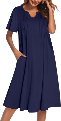 Ekouaer Nightgowns for Women Short Sleeve Sleepshirt Pleated Night Shirt V Neck Sleepdress House Dress with Pockets in Kuwait