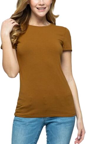 Women's Crewneck Short Sleeve Slim Fitted T-Shirt Solid Basic Tee Stretchy Casual Top in Kuwait