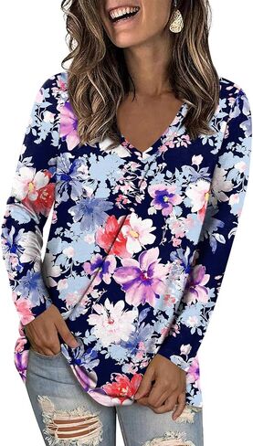 LONGYUAN Women Long Sleeve Tops Vneck Shirts Basic Loose Tunic Tops Casual 2025 Trendy Blouses in Kuwait