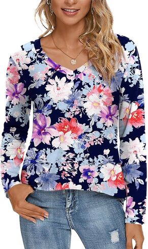 LONGYUAN Women Long Sleeve Tops Vneck Shirts Basic Loose Tunic Tops Casual 2025 Trendy Blouses in Kuwait