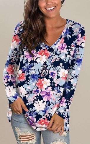 LONGYUAN Women Long Sleeve Tops Vneck Shirts Basic Loose Tunic Tops Casual 2025 Trendy Blouses in Kuwait