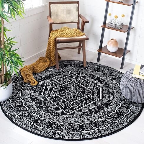 Safavieh Adirondack Collection Area Rug - 8' Round, Black & Ivory, Oriental Medallion Design, Non-Shedding & Easy Care, Ideal for High Traffic Areas in Living Room, Bedroom (ADR108Z) in Saudi Arabia