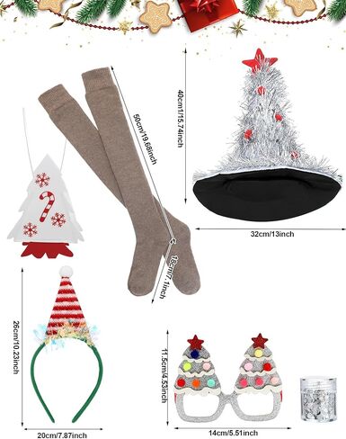 مجموعة أزياء شجرة الكريسماس 7 قطع من Berlune للنساء لزي عيد الميلاد وقبعة وعصابة رأس وحقيبة إطار نظارات وجوارب ترتر (أنيق، كبير) in Kuwait