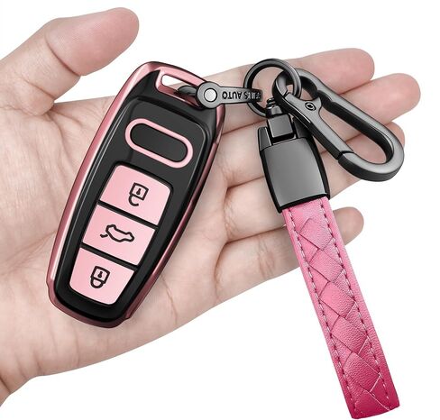 Sindeda لغطاء Audi Key Fob مع سلسلة مفاتيح ناعمة للحماية الكاملة غطاء مفتاح متوافق مع Audi A6L A6 A7 A8 Q7 Q8 E-Tron 2018-2022 A3 S3 S6 SQ7 RS6 S7 RS7 (وردي) in Kuwait