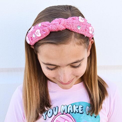 FROG SAC Top Knot Headband for Girls - Knotted Valentines Head Bands for Kids, Candy Heart Hair Band for Children, Pink Embellished Hair Accessories for Toddlers, Little Girl Fashion Hairband in Kuwait