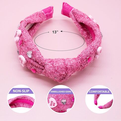 FROG SAC Top Knot Headband for Girls - Knotted Valentines Head Bands for Kids, Candy Heart Hair Band for Children, Pink Embellished Hair Accessories for Toddlers, Little Girl Fashion Hairband in Kuwait