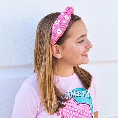 FROG SAC Top Knot Headband for Girls - Knotted Valentines Head Bands for Kids, Candy Heart Hair Band for Children, Pink Embellished Hair Accessories for Toddlers, Little Girl Fashion Hairband in Kuwait