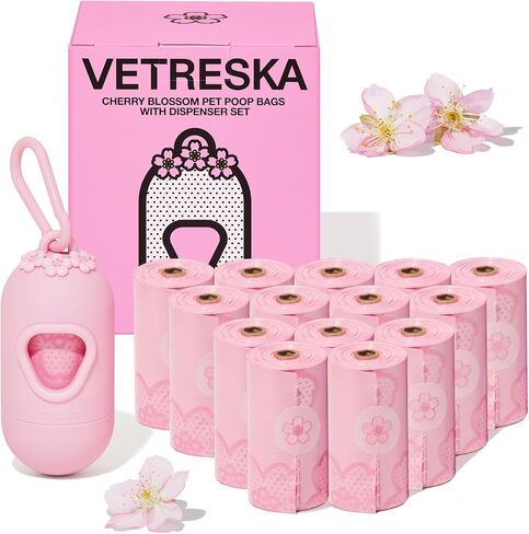 VETRESKA Dog Poop Bag Dispenser with Cherry Blossom Scented Poop Bags, Leak Proof and Extra Thick Pet Waste Bags, 1 Poop Bag Holder and 105 Bags for Dog Walking and Cats Litter, Pink in Saudi Arabia